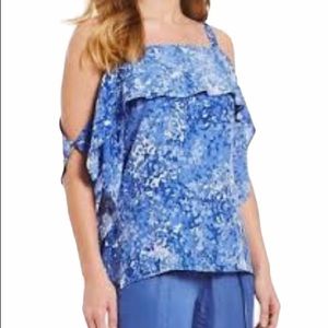 Halston Size M Blue Flounce Cold Shoulder Abstract Top NWT